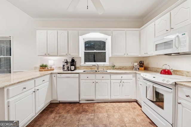 2722 Brookhaven Ln, Buford, GA 30518 - kitchen featuring white appliances, crown molding, white cabinetry, light stone countertops, and a peninsula