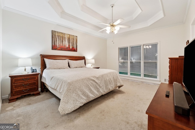 2722 Brookhaven Ln, Buford, GA 30518 - carpeted bedroom with a tray ceiling, ornamental molding, and a ceiling fan