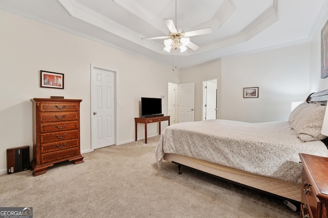 2722 Brookhaven Ln, Buford, GA 30518 - carpeted bedroom featuring crown molding, a raised ceiling, and ceiling fan
