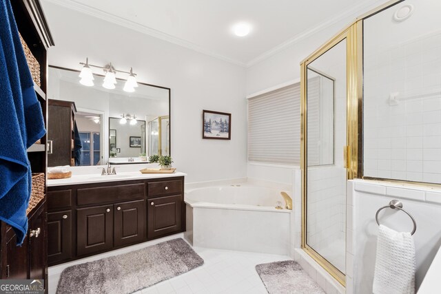 2722 Brookhaven Ln, Buford, GA 30518 - full bath featuring a bath, a shower stall, vanity, ornamental molding, and tile patterned floors
