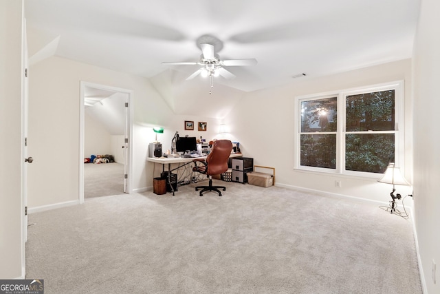 2722 Brookhaven Ln, Buford, GA 30518 - office space with carpet flooring, ceiling fan, and vaulted ceiling