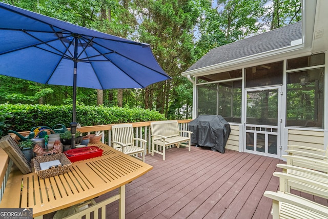 2722 Brookhaven Ln, Buford, GA 30518 - deck with a grill, a sunroom, and view of scattered trees