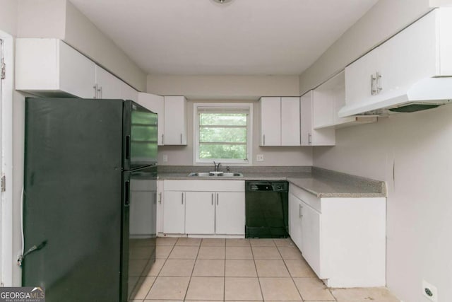 2582 Springdale Rd SW, Atlanta, GA 30315 - kitchen featuring black appliances, a sink, light tile patterned flooring, white cabinets, and under cabinet range hood