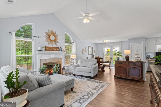 320 Cobb Ct, Hampton, GA 30228 - living room with ceiling fan, a fireplace, dark wood-type flooring, and high vaulted ceiling