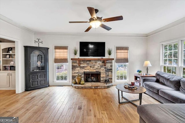 1637 Willow Way, Woodstock, GA 30188 - living room with hardwood / wood-style floors, ceiling fan, ornamental molding, and a fireplace