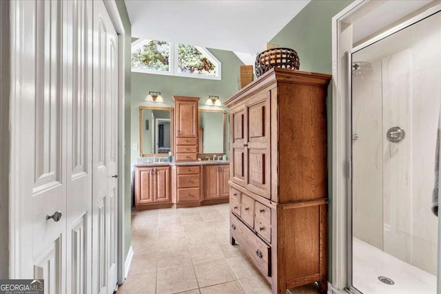 1637 Willow Way, Woodstock, GA 30188 - full bathroom featuring tile patterned floors, a shower stall, double vanity, and high vaulted ceiling