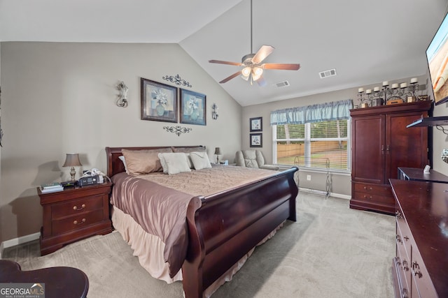 5511 Preserve Pt, Flowery Branch, GA 30542 - bedroom with lofted ceiling, light carpet, and ceiling fan