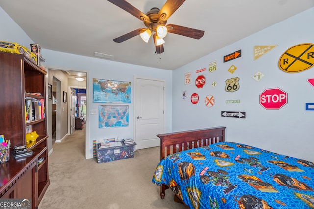 5511 Preserve Pt, Flowery Branch, GA 30542 - carpeted bedroom with attic access and ceiling fan