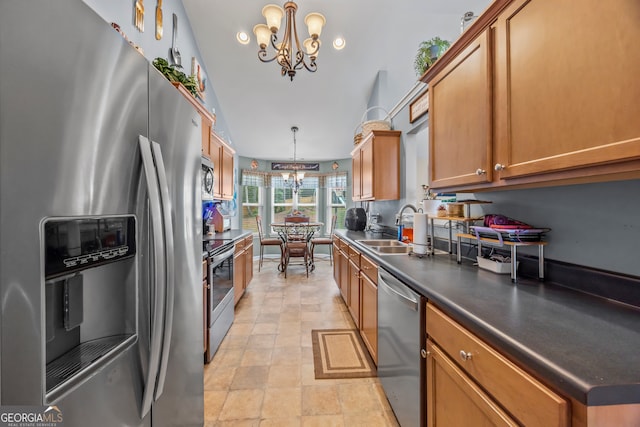 5511 Preserve Pt, Flowery Branch, GA 30542 - kitchen featuring appliances with stainless steel finishes, a chandelier, dark countertops, and brown cabinetry