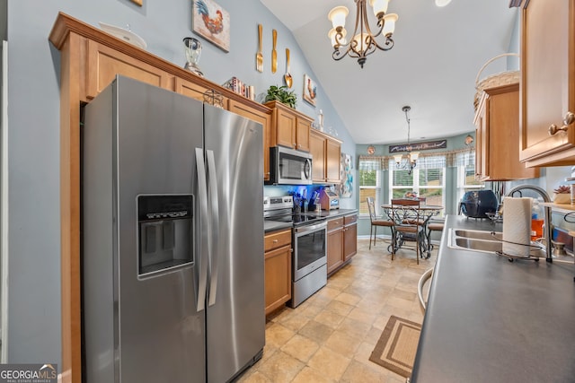5511 Preserve Pt, Flowery Branch, GA 30542 - kitchen featuring appliances with stainless steel finishes, a chandelier, brown cabinets, dark countertops, and high vaulted ceiling