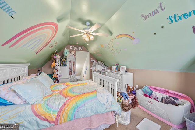 5511 Preserve Pt, Flowery Branch, GA 30542 - bedroom featuring lofted ceiling, carpet, and a ceiling fan