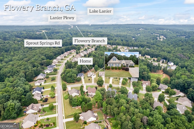 5511 Preserve Pt, Flowery Branch, GA 30542 - aerial perspective of suburban area featuring a forest and property boundaries highlighted
