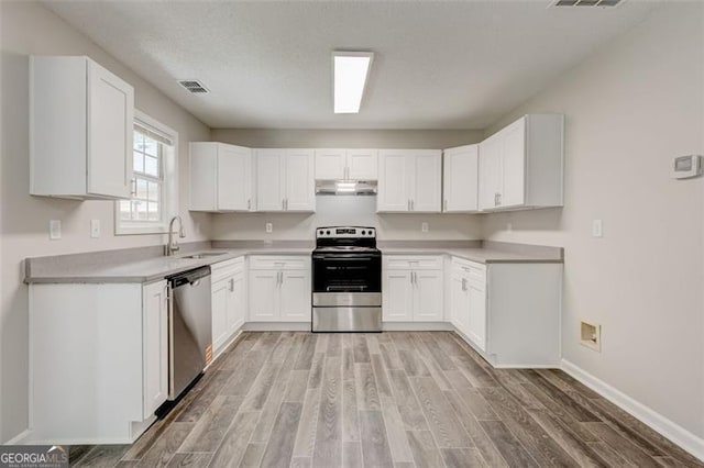 7006 Mahonia Pl, Lithonia, GA 30038 - kitchen featuring stainless steel appliances, under cabinet range hood, a sink, light wood finished floors, and baseboards