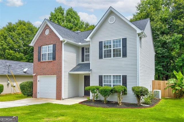 7006 Mahonia Pl, Lithonia, GA 30038 - traditional-style house featuring a garage, concrete driveway, central air condition unit, and a shingled roof