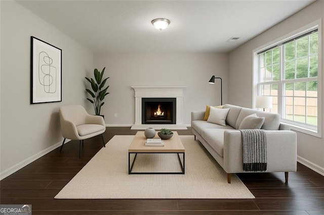 7006 Mahonia Pl, Lithonia, GA 30038 - living area with dark wood finished floors, baseboards, and a lit fireplace