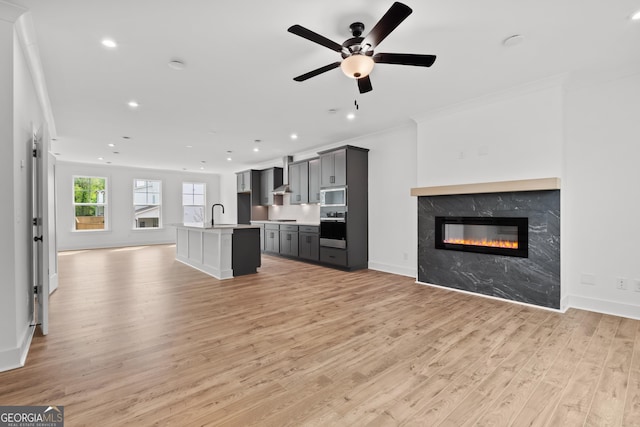 586 Avondale Park Cir Unit 51, Decatur, GA 30032 - unfurnished living room with ornamental molding, light wood-style floors, a premium fireplace, ceiling fan, and recessed lighting