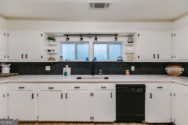 394 Knight Rd, Rockmart, GA 30153 - kitchen with black dishwasher, open shelves, a sink, and white cabinets