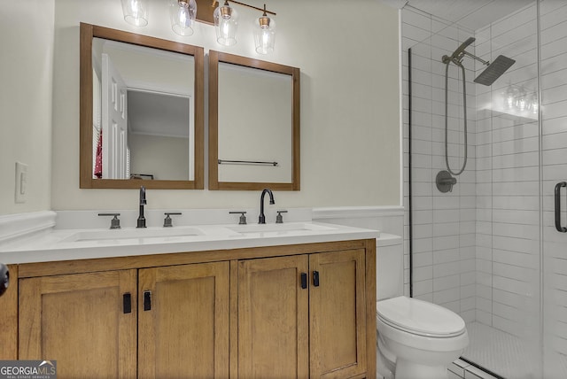 2715 N Doublegate Dr, Albany, GA 31721 - bathroom with a shower stall, double vanity, a wainscoted wall, and baseboard heating