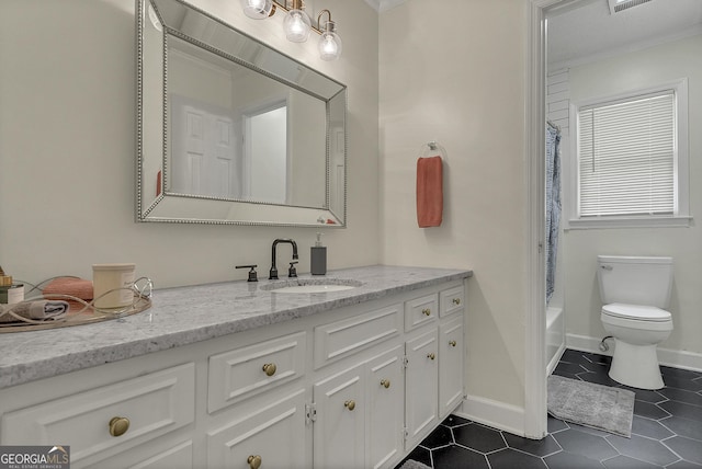 2715 N Doublegate Dr, Albany, GA 31721 - full bath featuring vanity, tile patterned floors, shower / tub combo with curtain, and ornamental molding