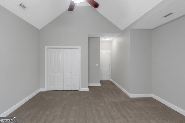 185 Stewart Glen Dr, Covington, GA 30014 - unfurnished bedroom with carpet, vaulted ceiling, a closet, baseboards, and ceiling fan
