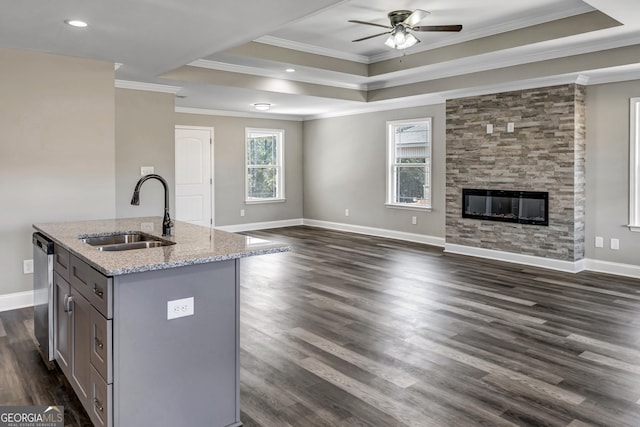 204 Eric Cv, Byron, GA 31008 - kitchen featuring a sink, gray cabinetry, open floor plan, a tray ceiling, and stainless steel dishwasher