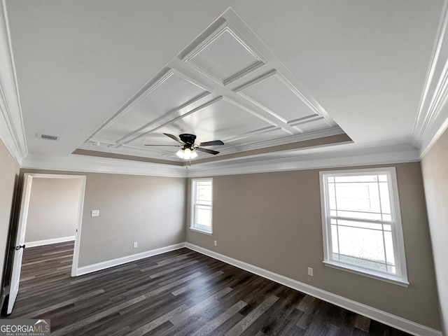 204 Eric Cv, Byron, GA 31008 - unfurnished room with ornamental molding, dark wood-type flooring, baseboards, ceiling fan, and a raised ceiling