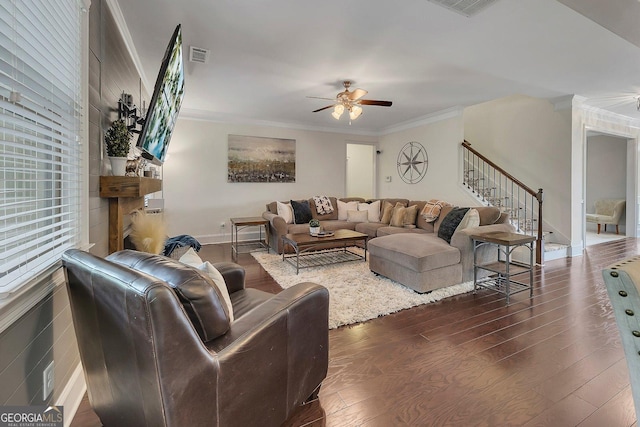 406 Fernstone Dr, Canton, GA 30114 - living room with ceiling fan, stairs, wood finished floors, and ornamental molding