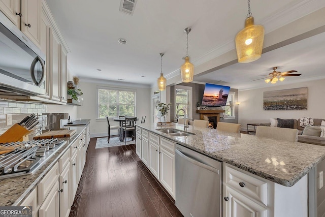 406 Fernstone Dr, Canton, GA 30114 - kitchen with stainless steel appliances, a sink, a warm lit fireplace, light stone counters, and ornamental molding