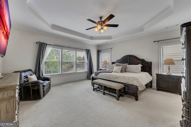 406 Fernstone Dr, Canton, GA 30114 - bedroom with a raised ceiling, ornamental molding, light colored carpet, and ceiling fan