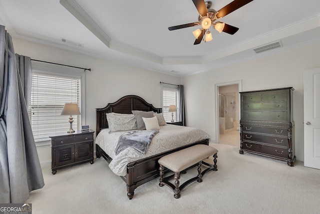 406 Fernstone Dr, Canton, GA 30114 - bedroom featuring ornamental molding, light carpet, a tray ceiling, a ceiling fan, and ensuite bathroom