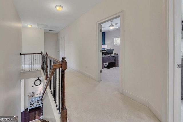 406 Fernstone Dr, Canton, GA 30114 - hall featuring a desk, an upstairs landing, carpet floors, and baseboards