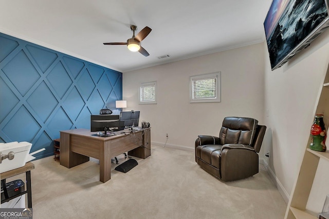 406 Fernstone Dr, Canton, GA 30114 - carpeted office space featuring a ceiling fan, baseboards, and ornamental molding