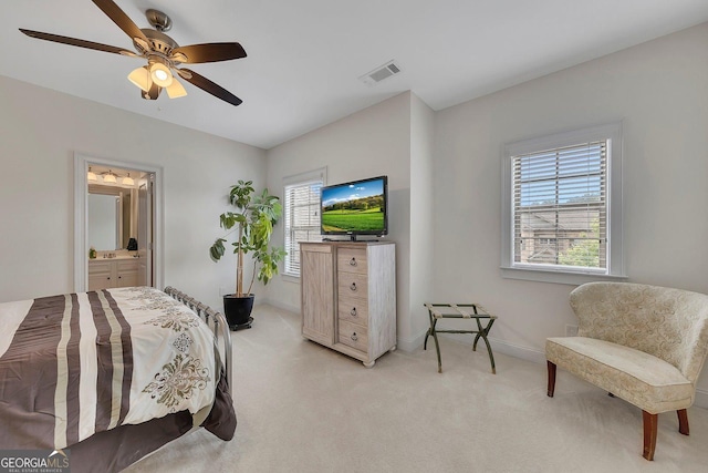 406 Fernstone Dr, Canton, GA 30114 - bedroom featuring light carpet, baseboards, ceiling fan, and ensuite bath