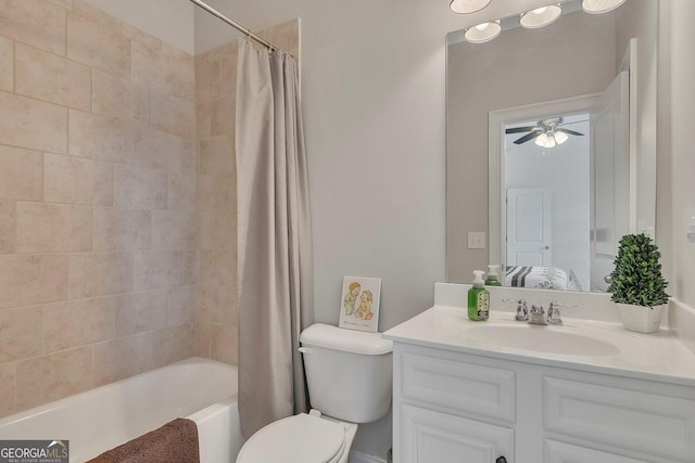 406 Fernstone Dr, Canton, GA 30114 - bathroom with vanity, toilet, shower / bath combo with shower curtain, and ceiling fan