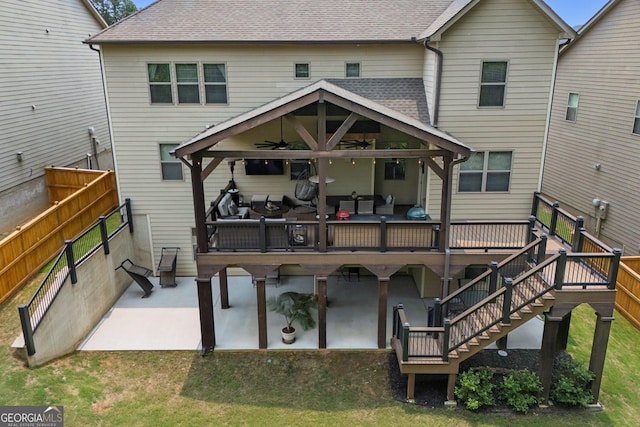 406 Fernstone Dr, Canton, GA 30114 - rear view of property with ceiling fan, a patio area, roof with shingles, and stairway