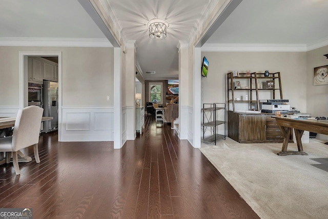406 Fernstone Dr, Canton, GA 30114 - office space featuring crown molding, dark wood-style flooring, a wainscoted wall, and a chandelier