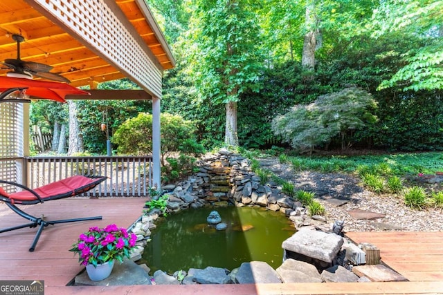 570 Hunt River Way, Suwanee, GA 30024 - wooden terrace featuring ceiling fan