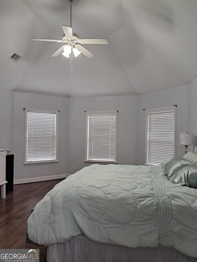 105 Deer Forest Trl, Macon, GA 31216 - bedroom with high vaulted ceiling, wood finished floors, a ceiling fan, and baseboards