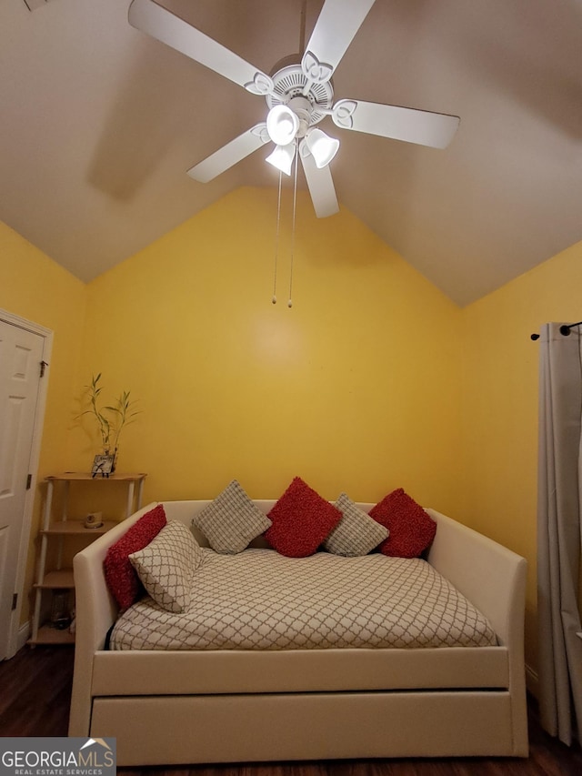 105 Deer Forest Trl, Macon, GA 31216 - bedroom featuring dark wood-type flooring, vaulted ceiling, and ceiling fan