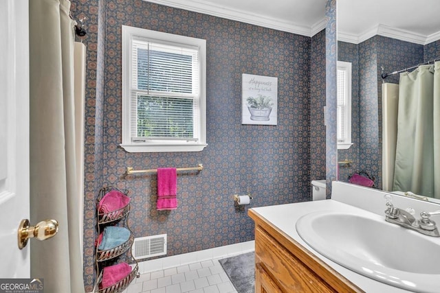 241 Tweed Ct, Sugar Hill, GA 30518 - full bathroom featuring tile patterned flooring, vanity, crown molding, and a shower with curtain