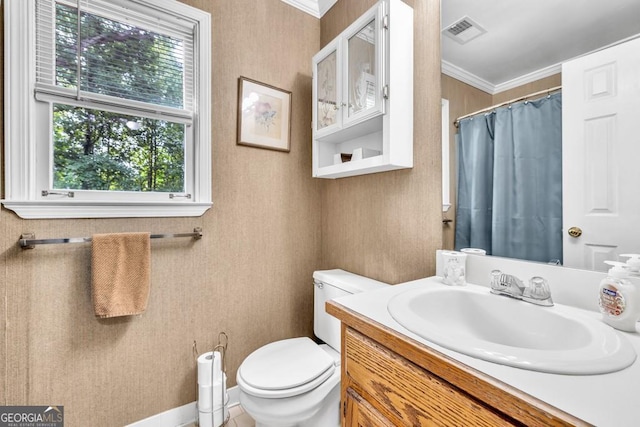 241 Tweed Ct, Sugar Hill, GA 30518 - bathroom with vanity, crown molding, and a shower with shower curtain