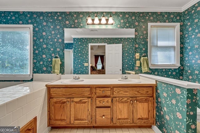 241 Tweed Ct, Sugar Hill, GA 30518 - bathroom with double vanity, crown molding, and tile patterned floors