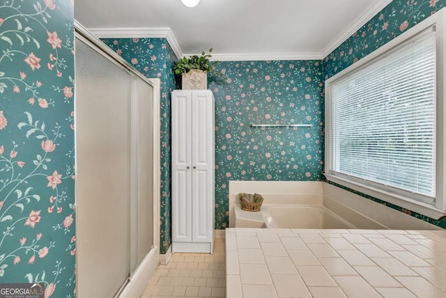 241 Tweed Ct, Sugar Hill, GA 30518 - full bath featuring ornamental molding, a stall shower, wallpapered walls, a garden tub, and tile patterned floors