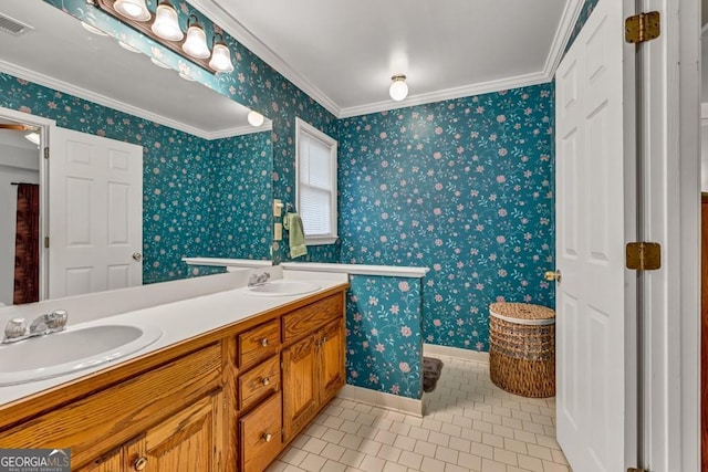 241 Tweed Ct, Sugar Hill, GA 30518 - full bath featuring tile patterned flooring, double vanity, ornamental molding, and wallpapered walls