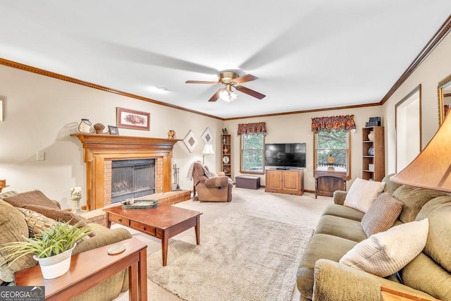 241 Tweed Ct, Sugar Hill, GA 30518 - living area with light carpet, a ceiling fan, a fireplace, and ornamental molding