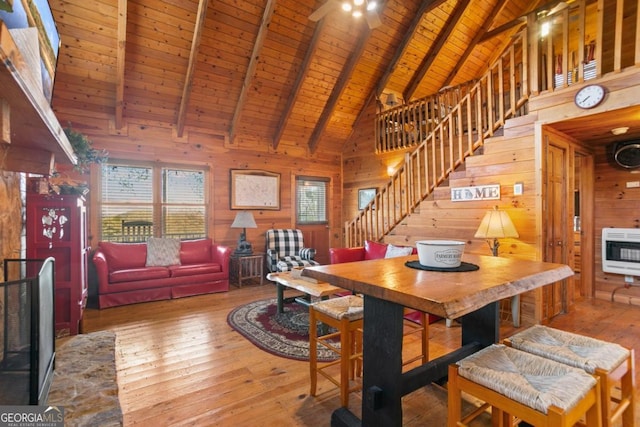 87 Owltown Dr Unit L40, Ellijay, GA 30536 - dining space featuring wooden walls, heating unit, wooden ceiling with exposed beams, stairs, and hardwood / wood-style floors