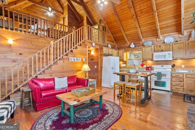87 Owltown Dr Unit L40, Ellijay, GA 30536 - living room with ceiling fan, wood walls, wooden ceiling with exposed beams, high vaulted ceiling, and stairway