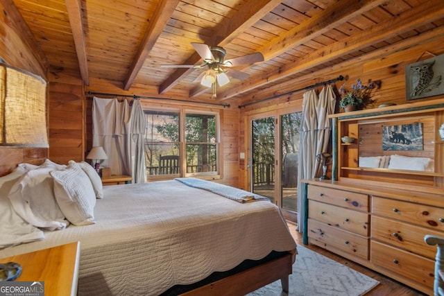 87 Owltown Dr Unit L40, Ellijay, GA 30536 - bedroom with wooden walls, access to exterior, wooden ceiling with exposed beams, and wood finished floors