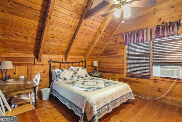 87 Owltown Dr Unit L40, Ellijay, GA 30536 - bedroom with wooden ceiling, wood walls, hardwood / wood-style flooring, a ceiling fan, and cooling unit