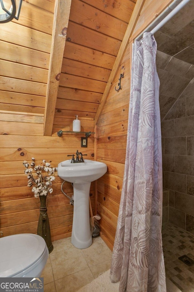 87 Owltown Dr Unit L40, Ellijay, GA 30536 - full bath with vaulted ceiling, a shower stall, toilet, tile patterned flooring, and wooden ceiling